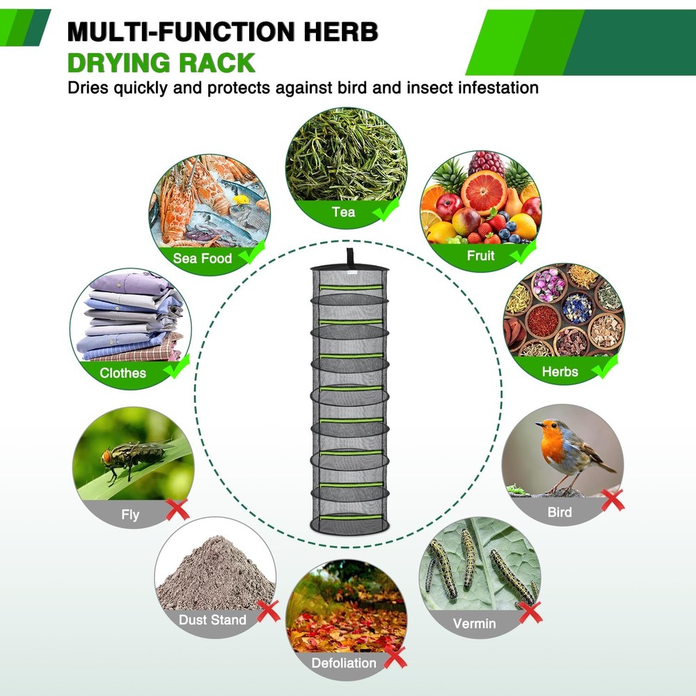 8 Layer Herb Drying Rack Hanging Mesh Foldable Plant Drying Racks 24" w Green...