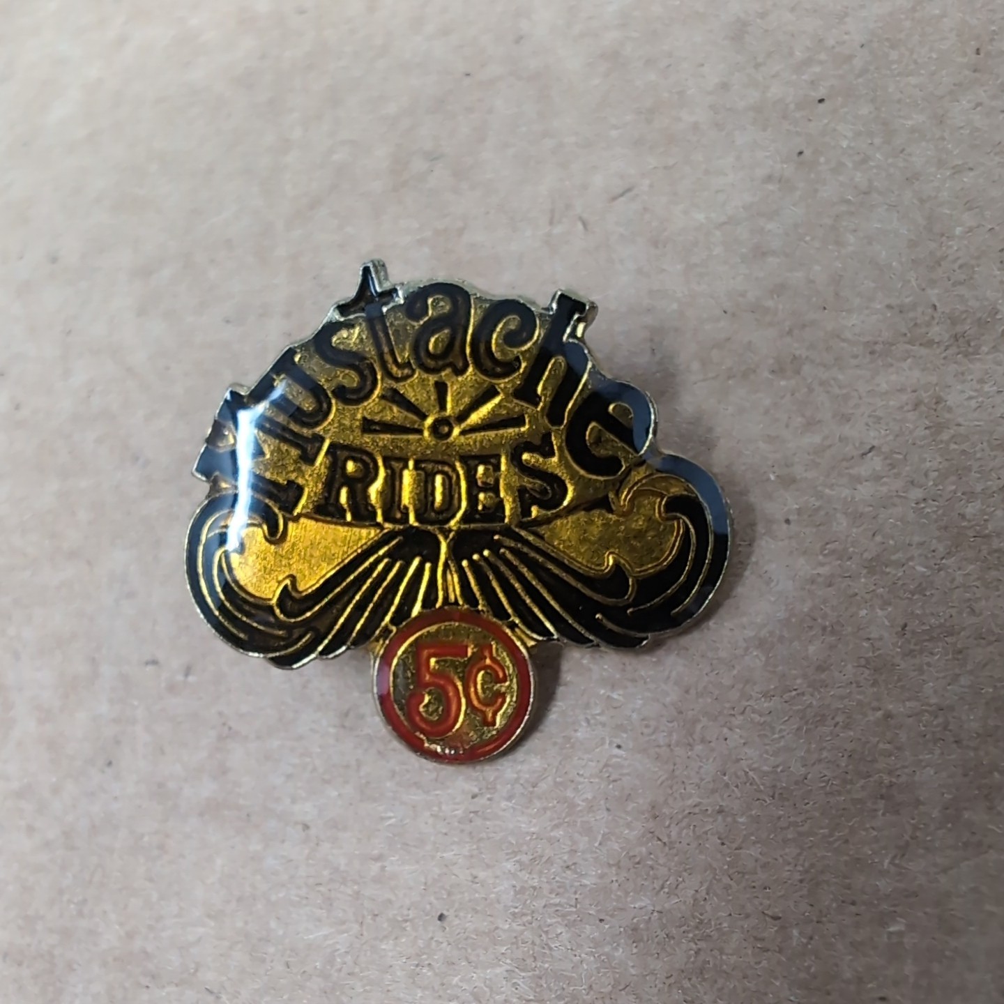 Vintage Moustache Rides Pin 5 Cents collectible biker vest hat novelty pinback