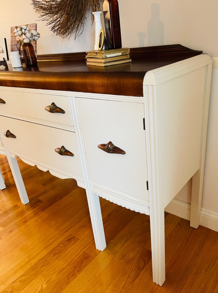 Vintage Waterfall Buffet and Sideboard set, refinished in white milk paint.