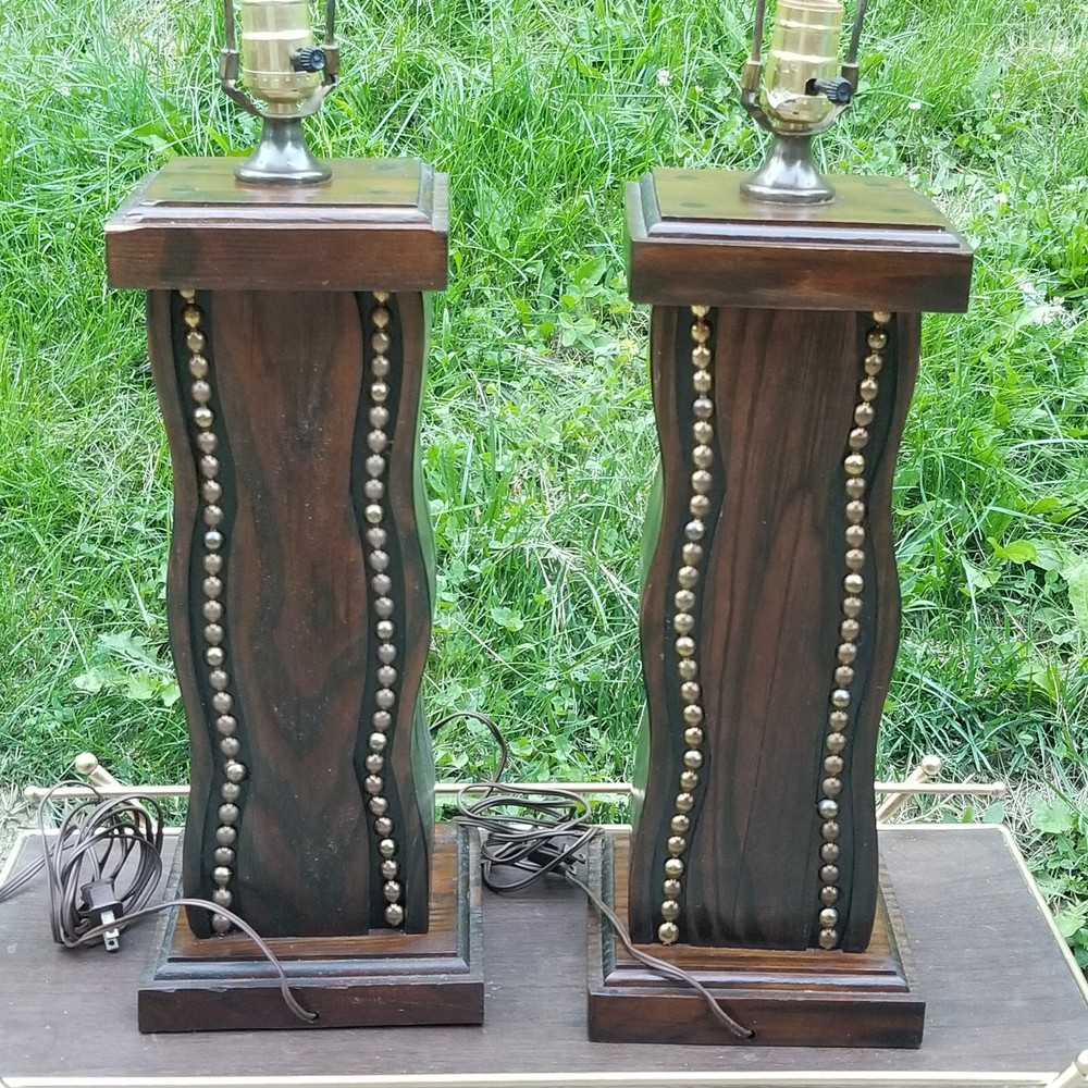 Vintage Solid Wood Studded Table Lamp PAIR 2 Rustic Cabin Retro 1970s EXC