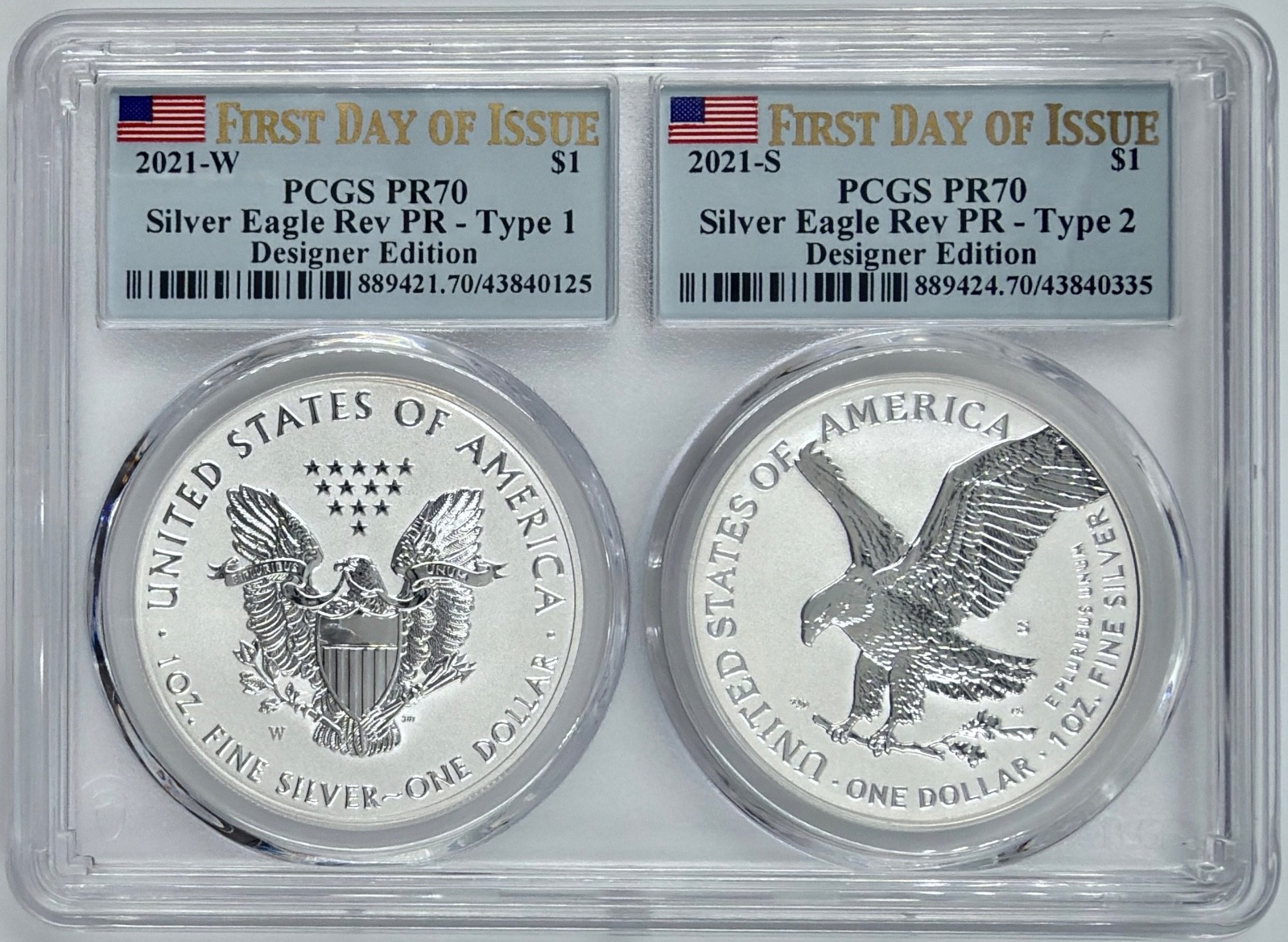 2021 Reverse Proof American Silver Eagle Designer 2pc Set PCGS PR70 FDOI Flag