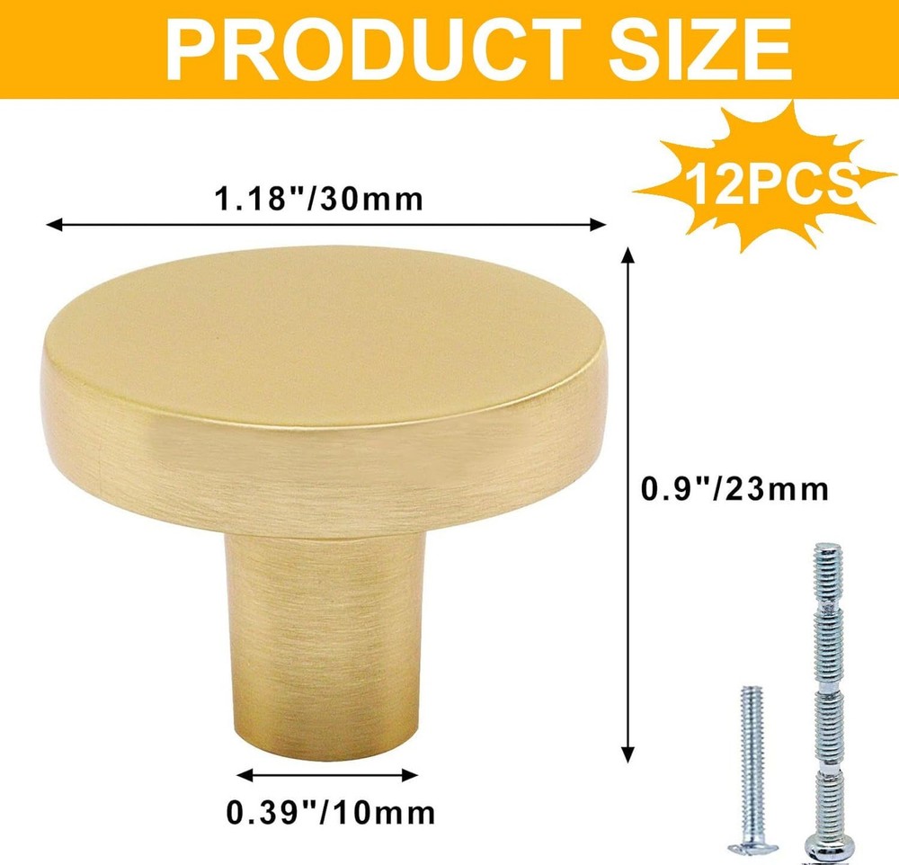 12 Pcs Brushed Brass Cabinet Knobs, Gold Drawer Knobs Round Knob for Dresser ...