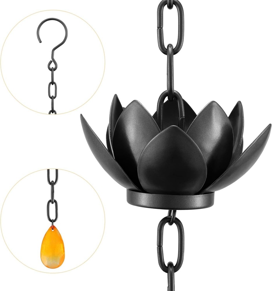 Charming Lotus Rain Catcher Chain 8.5ft - Adjustable Gutter Solution in Black