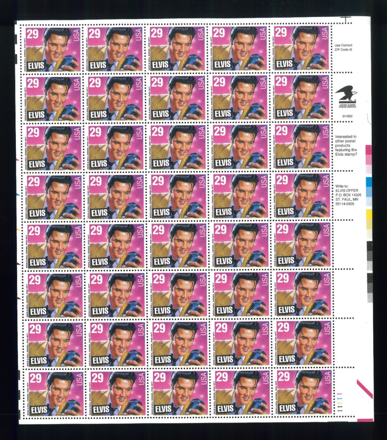 United States 29¢ Elvis Presley Postage Stamp #2721 Full Sheet