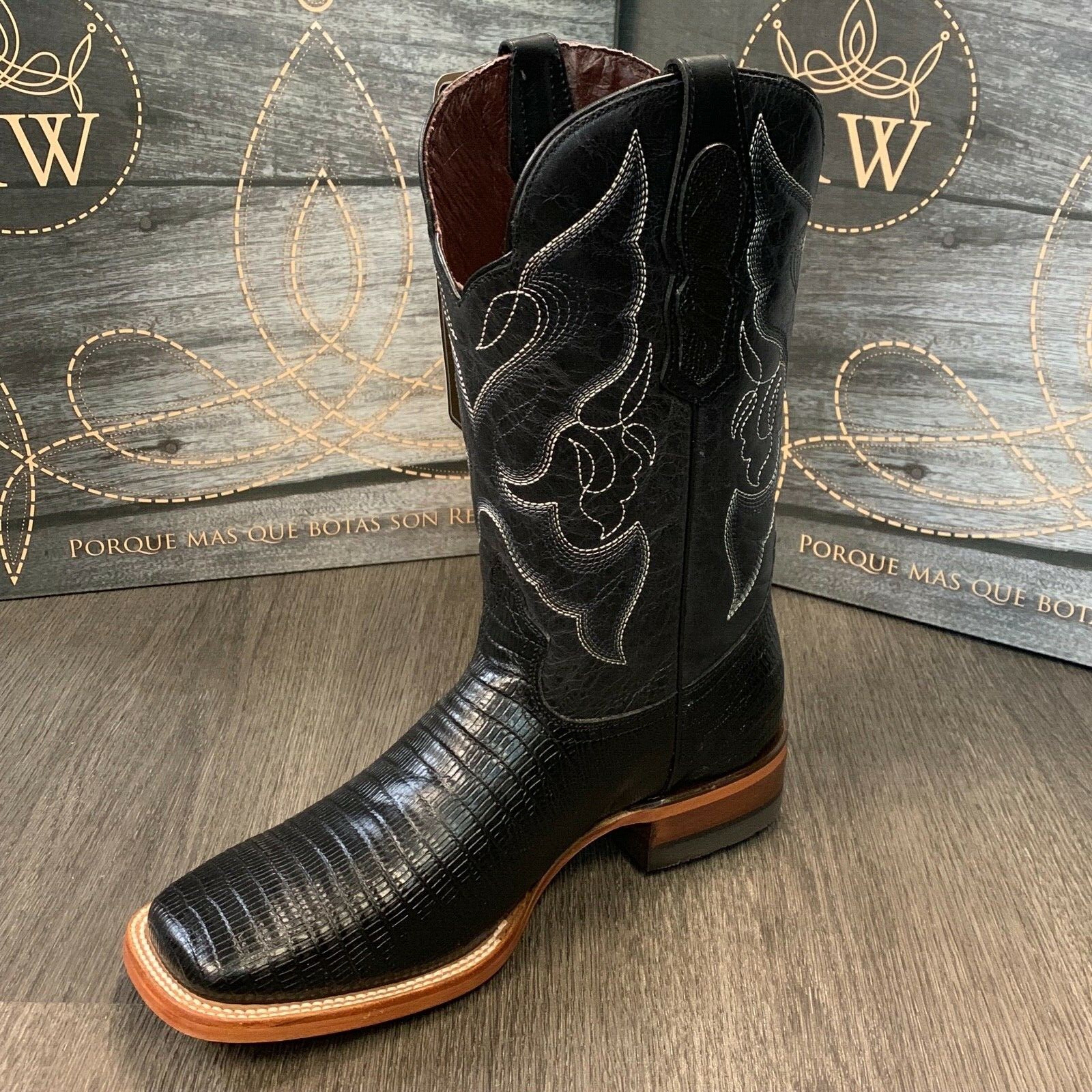 MEN'S RODEO COWBOY BOOTS LIZARD PRINT LEATHER WESTERN SQUARE TOE BLACK BOTAS