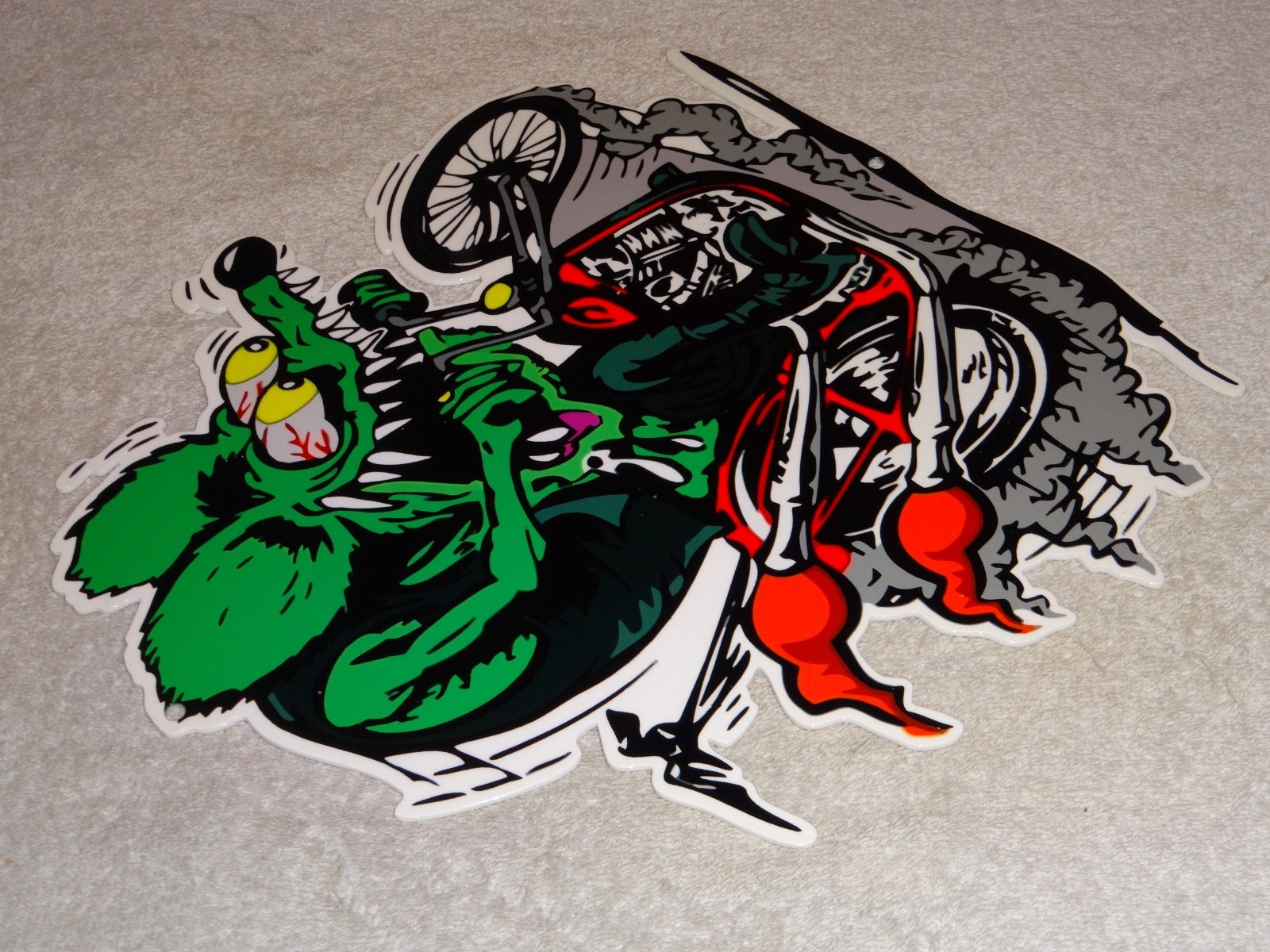 VINTAGE RATFINK RIDES MOTORCYCLE 12" PORCELAIN METAL RAT FINK GASOLINE OIL SIGN