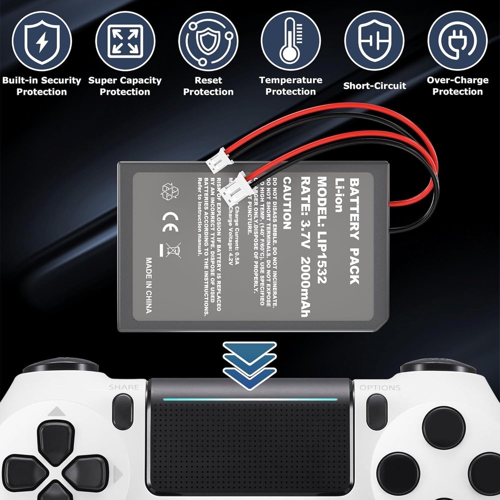 2 Pack 2000mAh Batteries for PS4Pro/PS4Slim Controller,Replacement Lithium Ba...