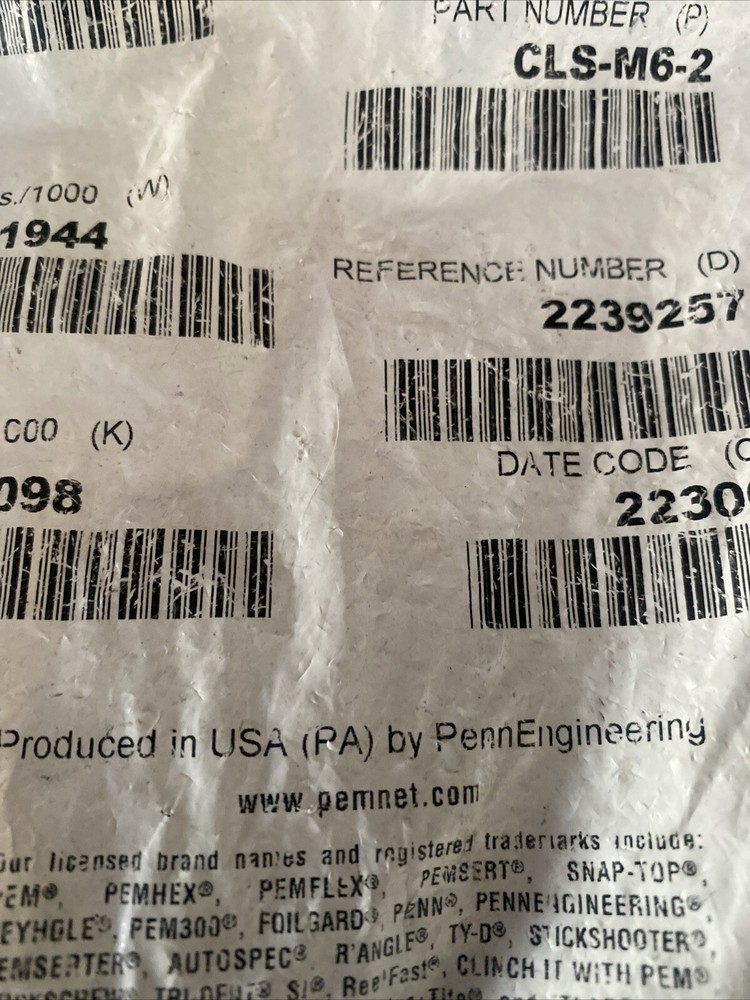 (50ea) Pem Penn Engineering CLS-M6-2 Stainless Self-Clinching Panel Nut
