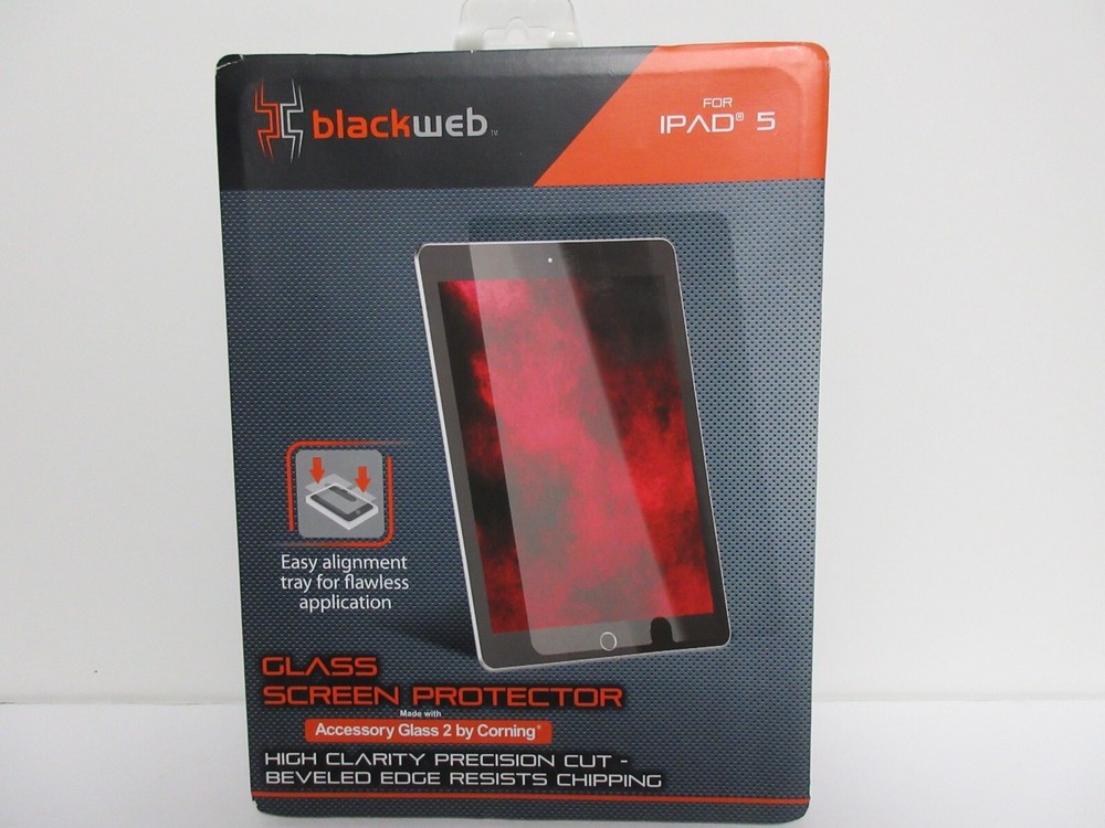 Black Web Glass Screen Protector For Ipad  5 W/ Easy Alignment Tray NEW