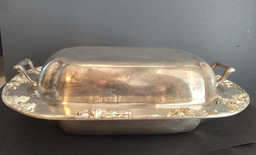 Antique silver serving dish with handled lid, grape design