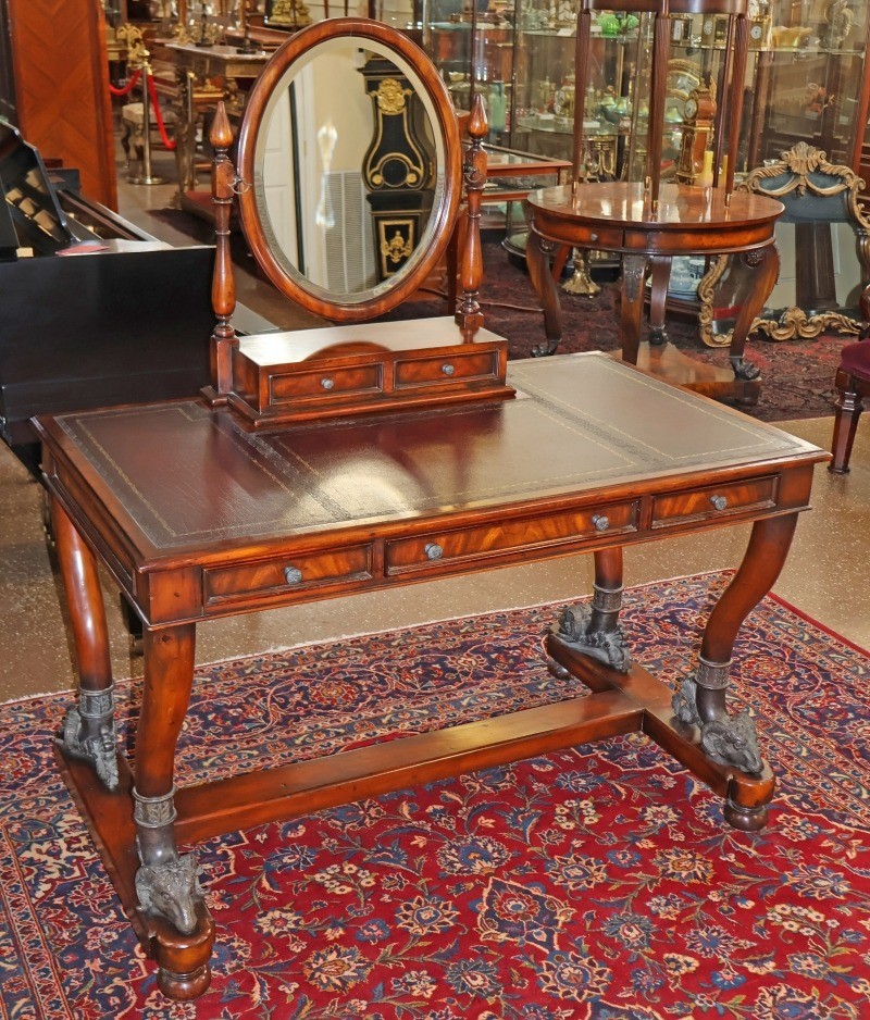 Theodore Alexander Mahogany Leather Tooled Rams Head Vanity Dressing Table