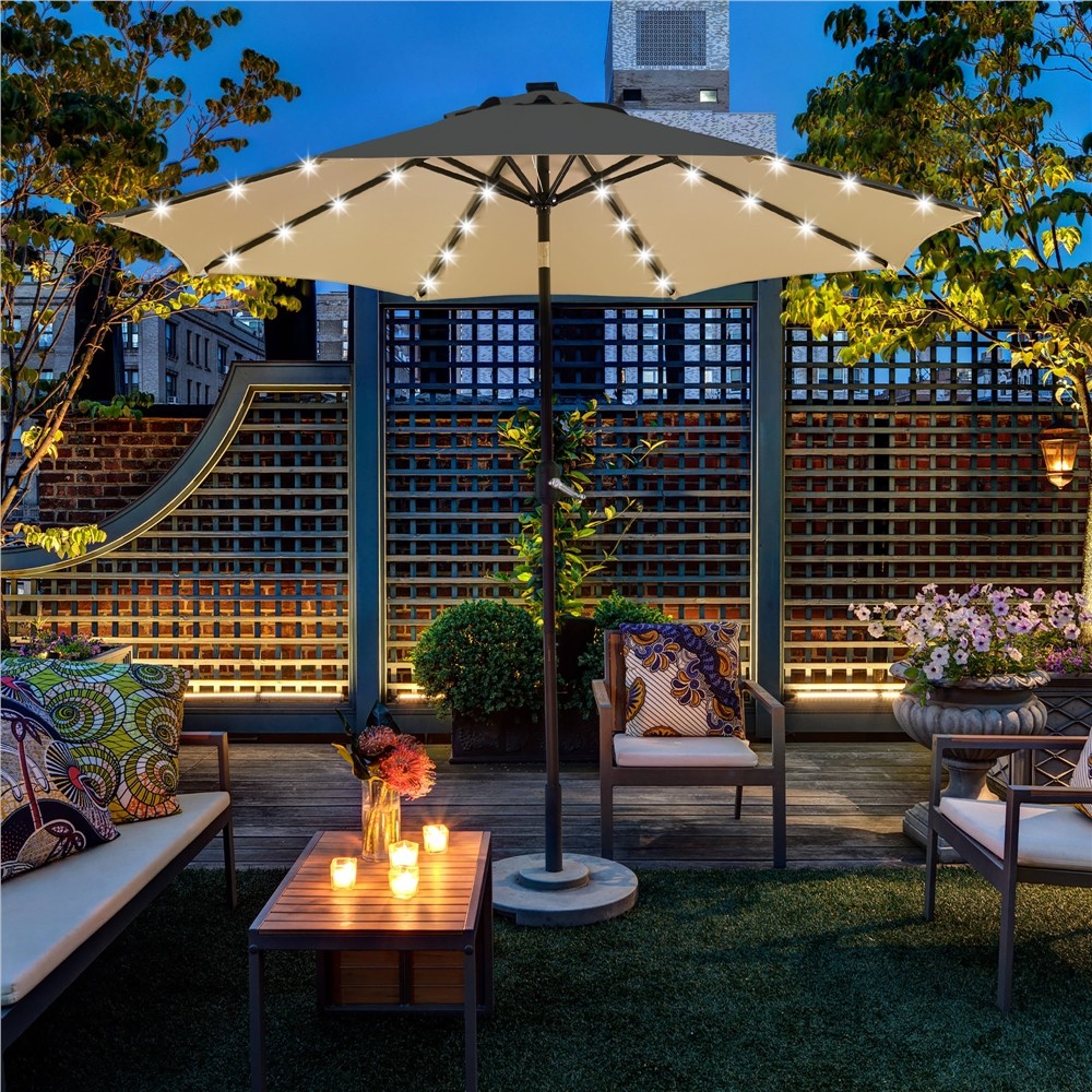 9FT Patio Umbrella Market Umbrella w/ 32 LED Lights & Push Button Tilt & Crank