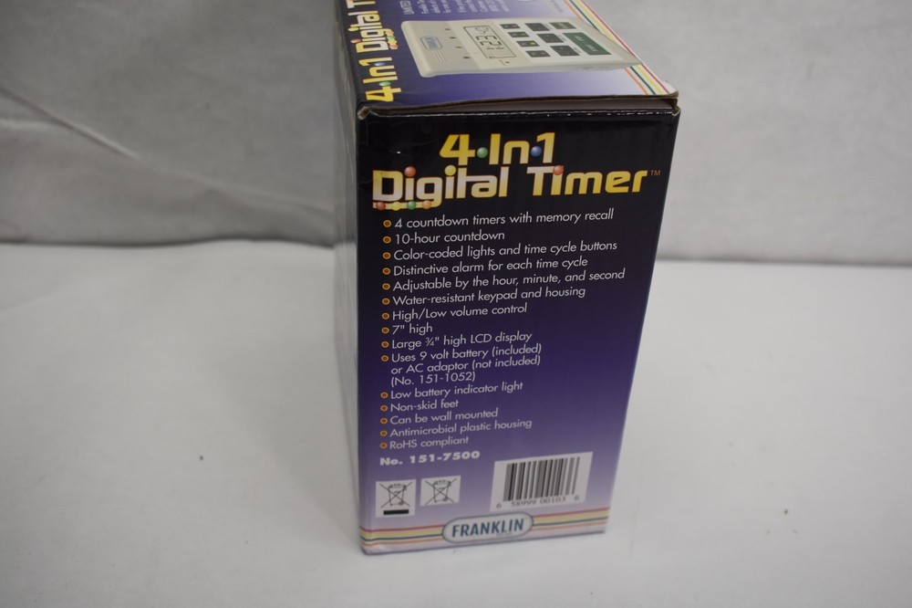 Franklin 4-in-1 Digital Timer 151-7500 Kitchen Timer Water Resistant Color Coded