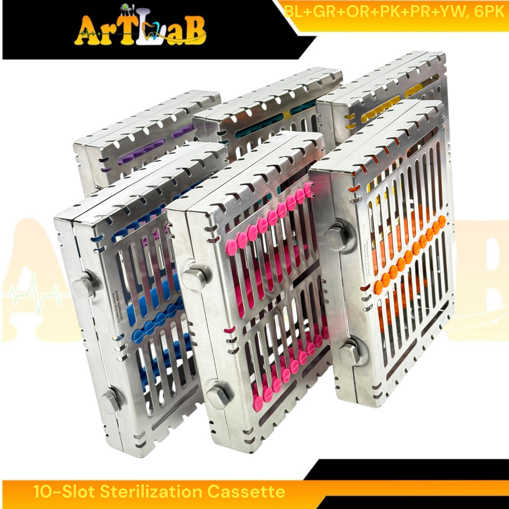 6 Count - Sterilization Cassettes for 10 Instruments, Detachable, 2-Button Lock