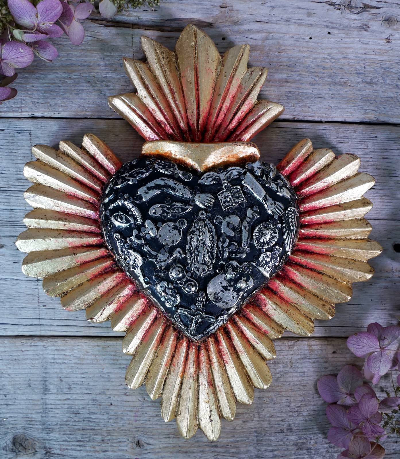Heart Gold Starburst Milagros Guadalupe Wood Handmade Michoacan Mexican Folk Art