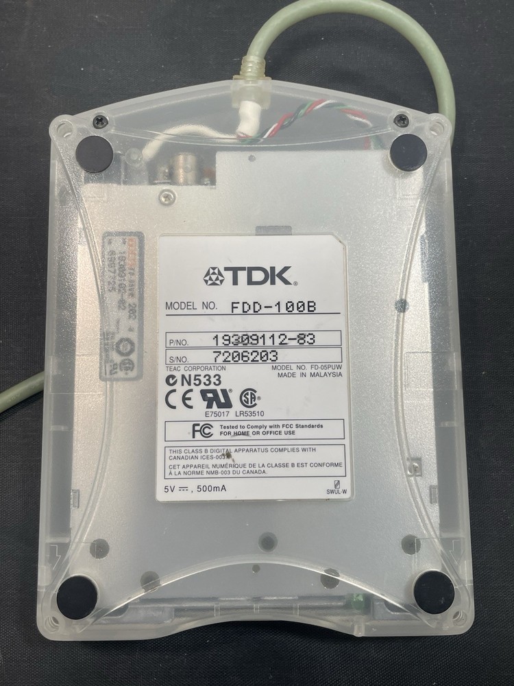TDK FDD-100b 3.5" External USB computer Floppy Drive clear