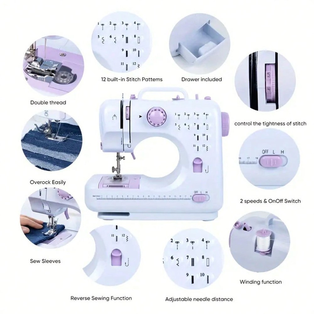 Mini Sewing Machine, Built-In 12-Needle Multi-Function Pedal Automatic-FGQA