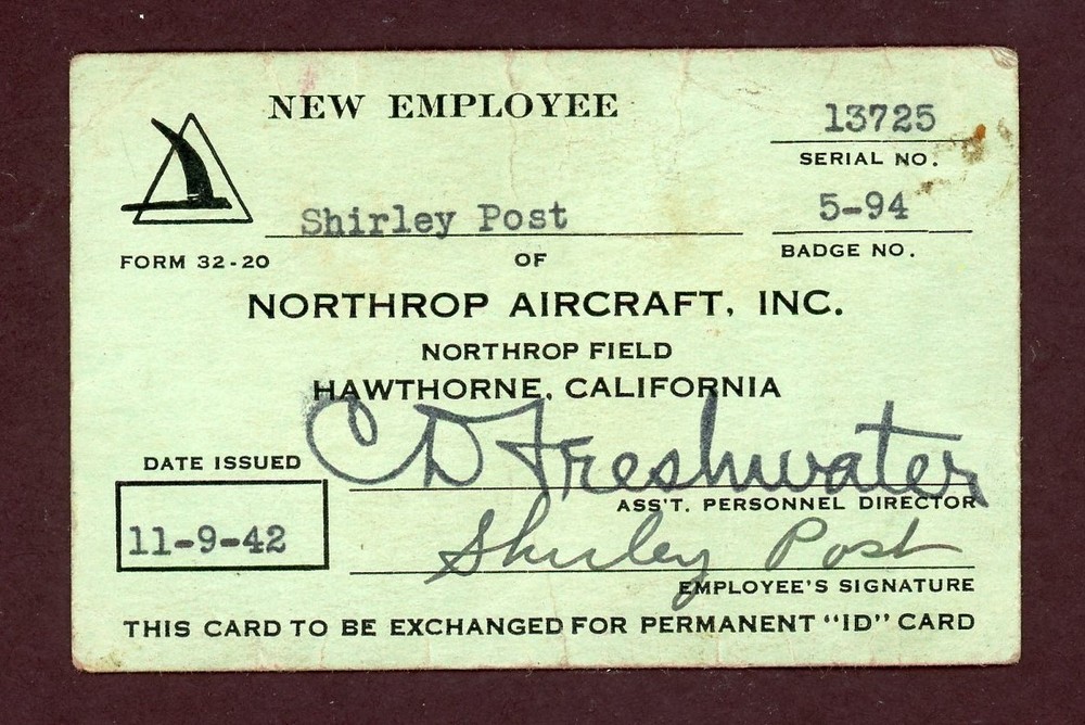 Vintage "Rosie the Riveter"   1942 ID Card (Shirley Post) Northrop Aircraft, Inc