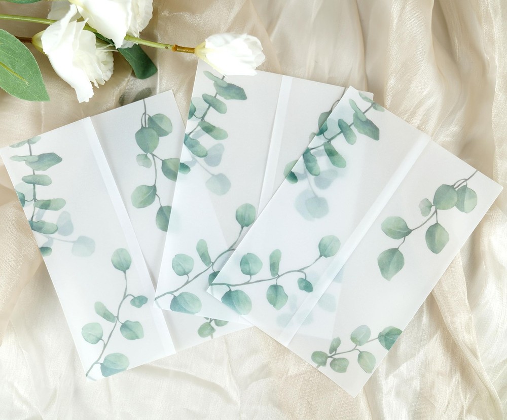 Greenery Printed Pre Folded Vellum Jackets for 5x7 Invitations Wrap 50 Pack