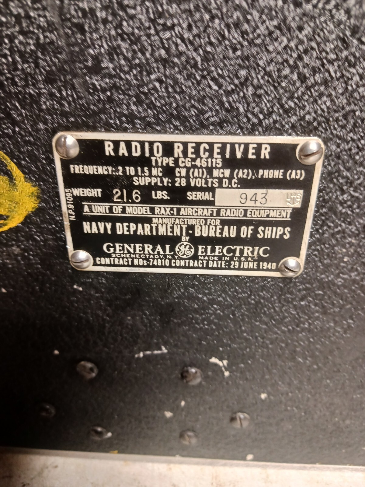 WWII NAVY RAX-1 RADIO RECEIVER CG-46115 #261