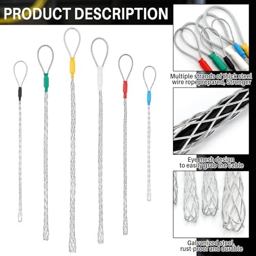 6 Pcs Cable Pulling Socks Grip Kit - 4-25mm Eye Mesh Wire Grips for Heavy Cables