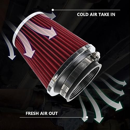 Clamp-On Cold Air Intake Filter, High Performance, Washable Filter, Red
