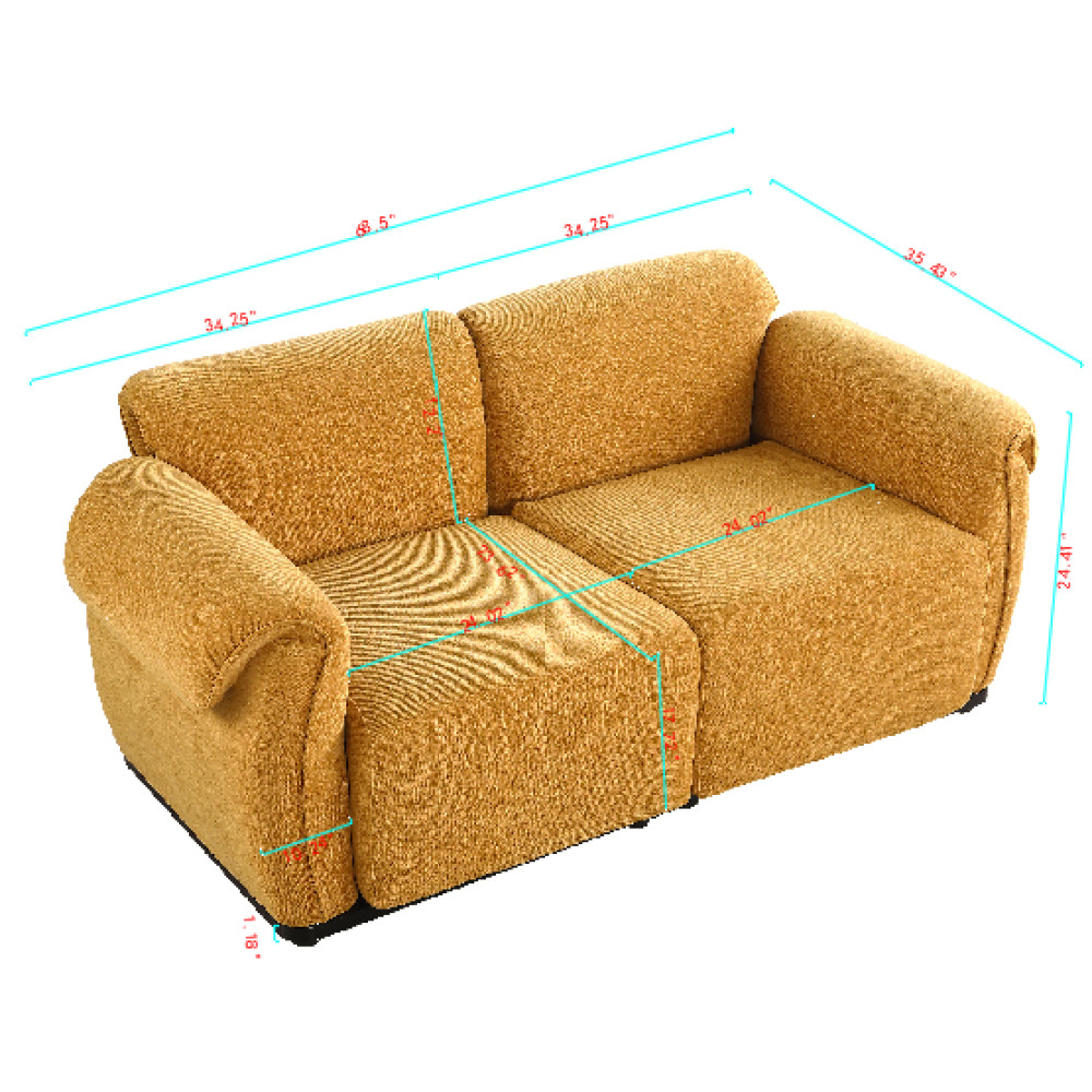Chenille 2 Seat Sofa Sectional with Iron Frame, Yellow