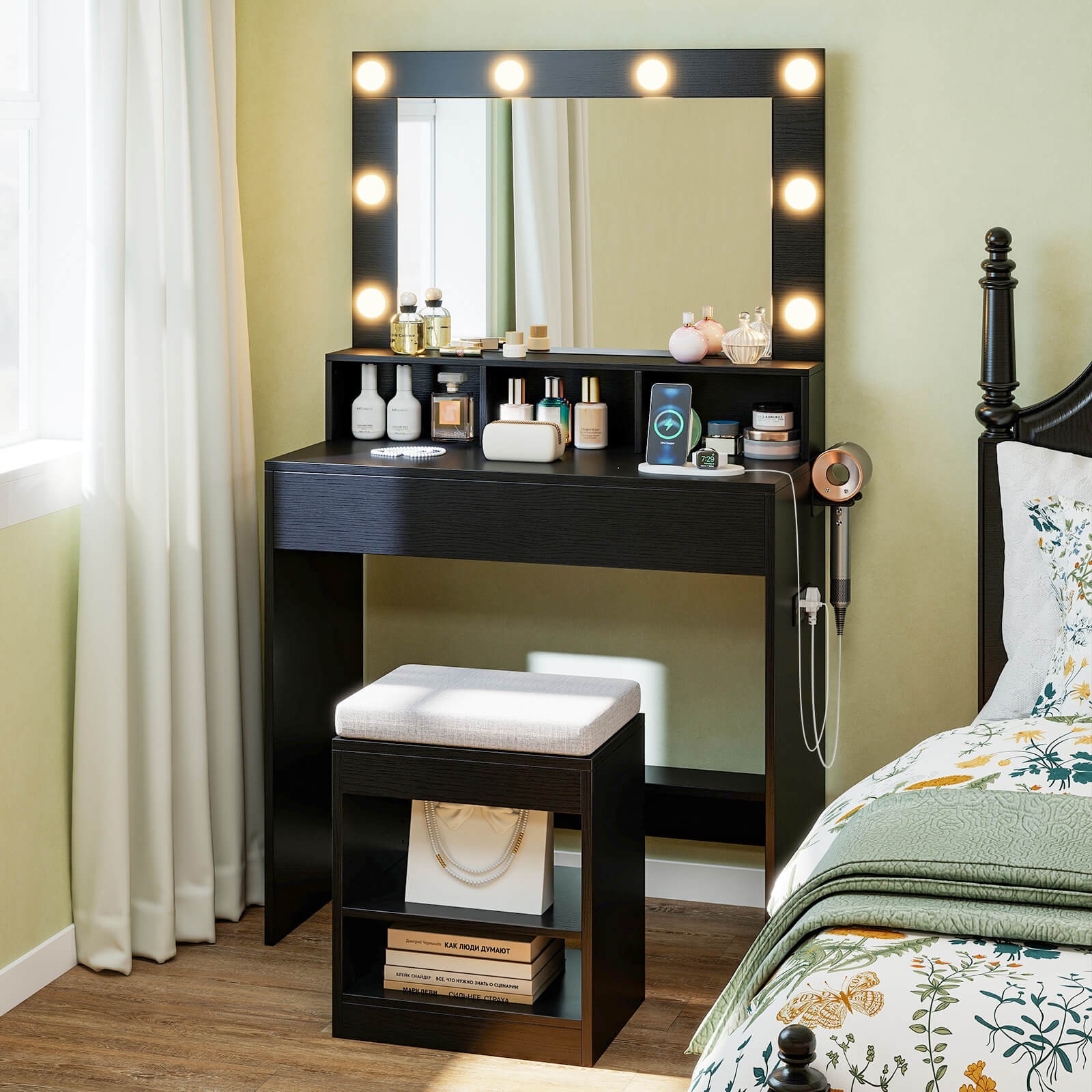 Vanity Desk Set with Mirror and Lights 31.5" Small Makeup Table for Bedroom