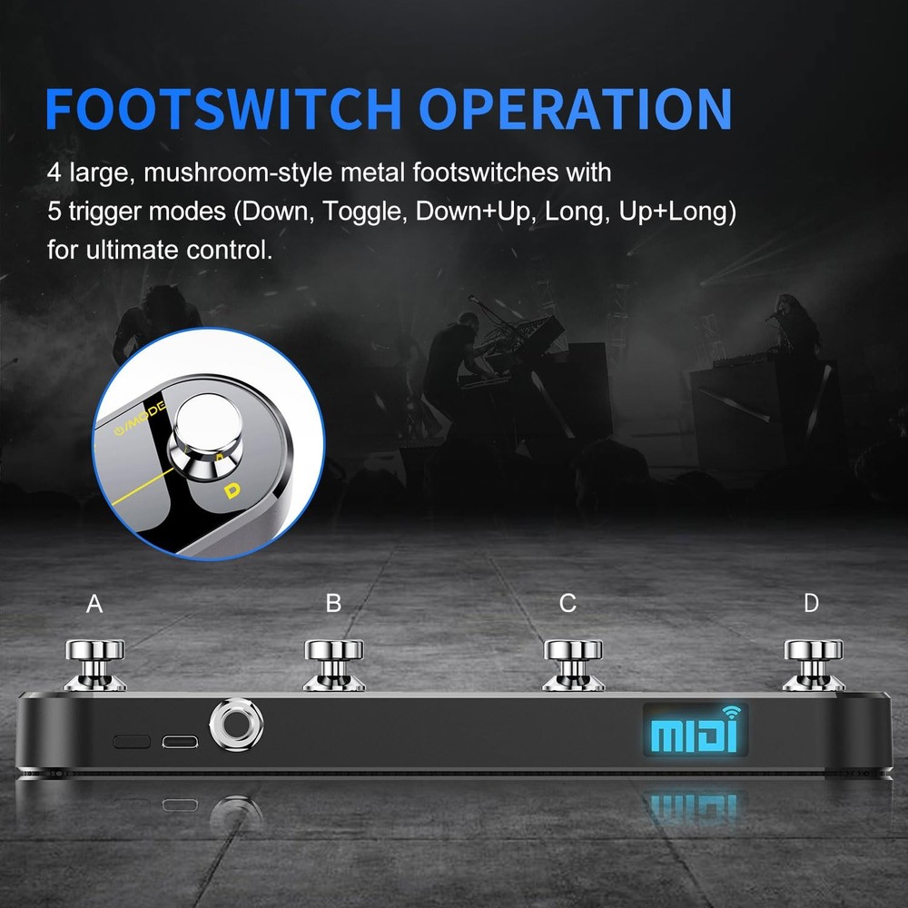 Wireless MIDI Foot Controller Pedal with Mate MIDI Receiver, 4 Customizable