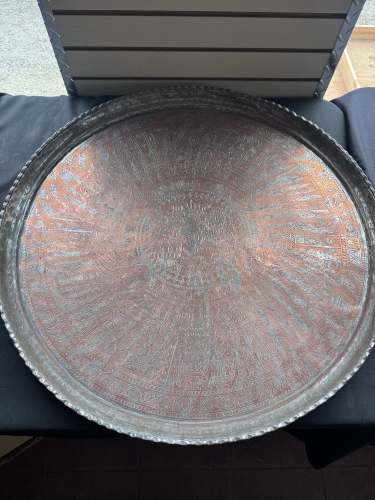 Vintage Islamic Middle Eastern Hammered Copper Platter Large 30”