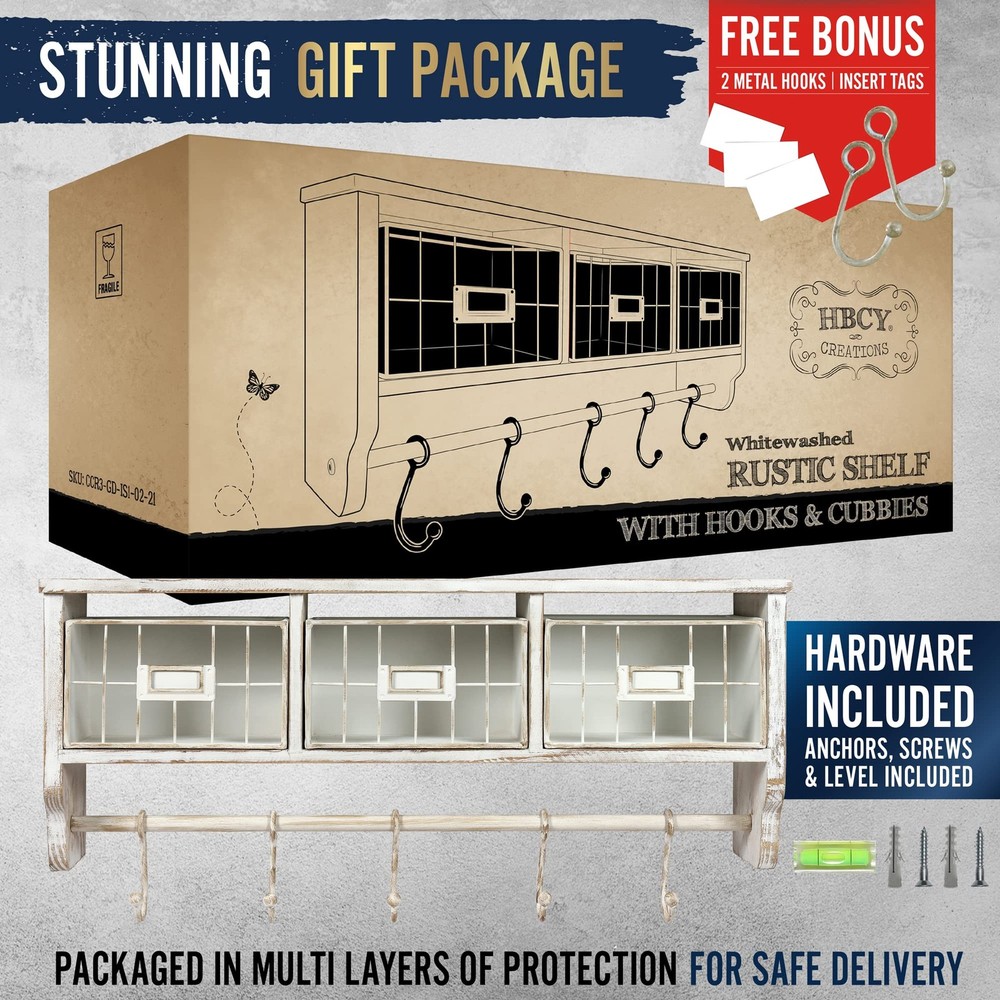 Rustic Whitewashed Solid Wood Entryway Wall Shelf 24" Coat Hooks Baskets