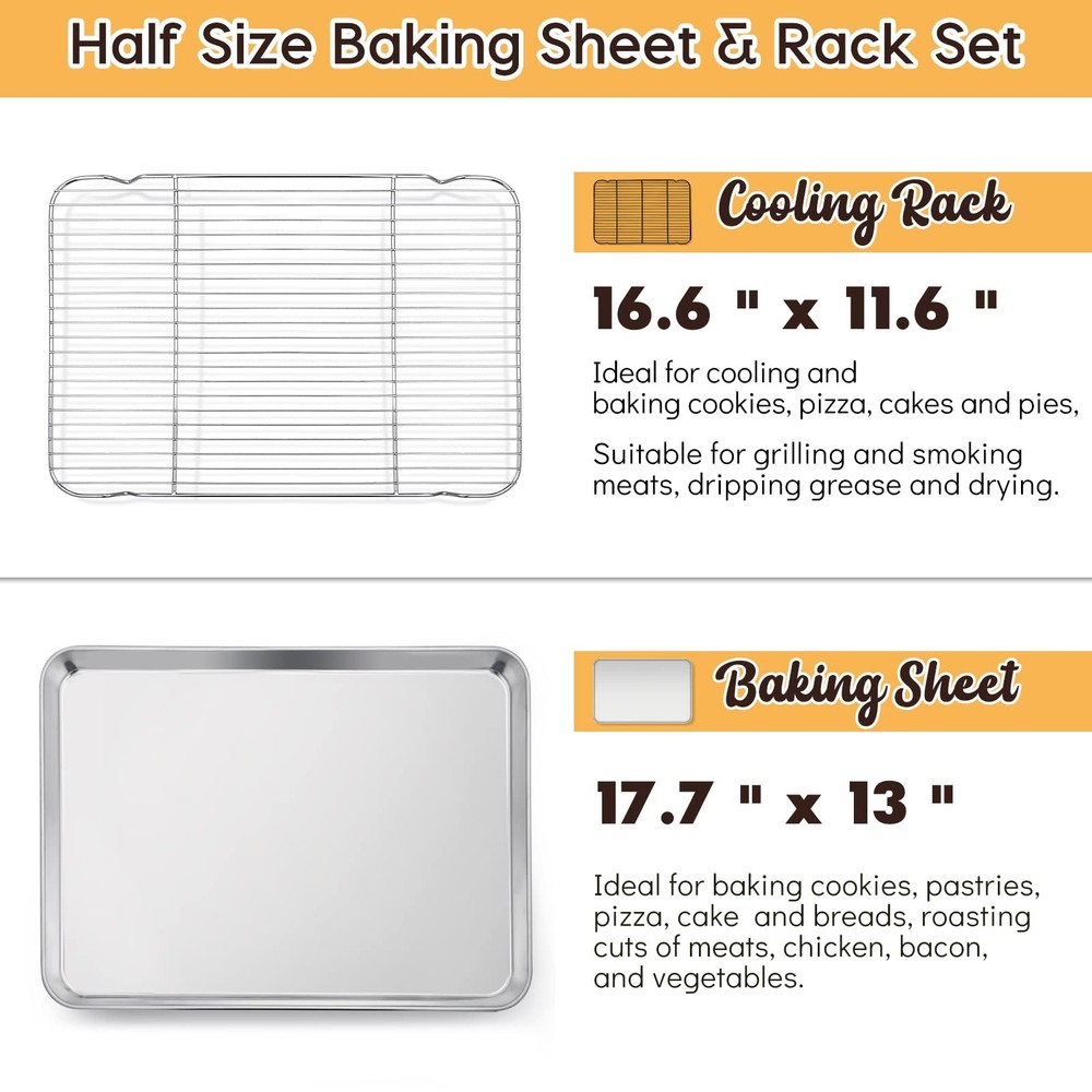 E-far Cookie Sheet with Rack Set, Half Baking Pan for 17.7"x13", Silver