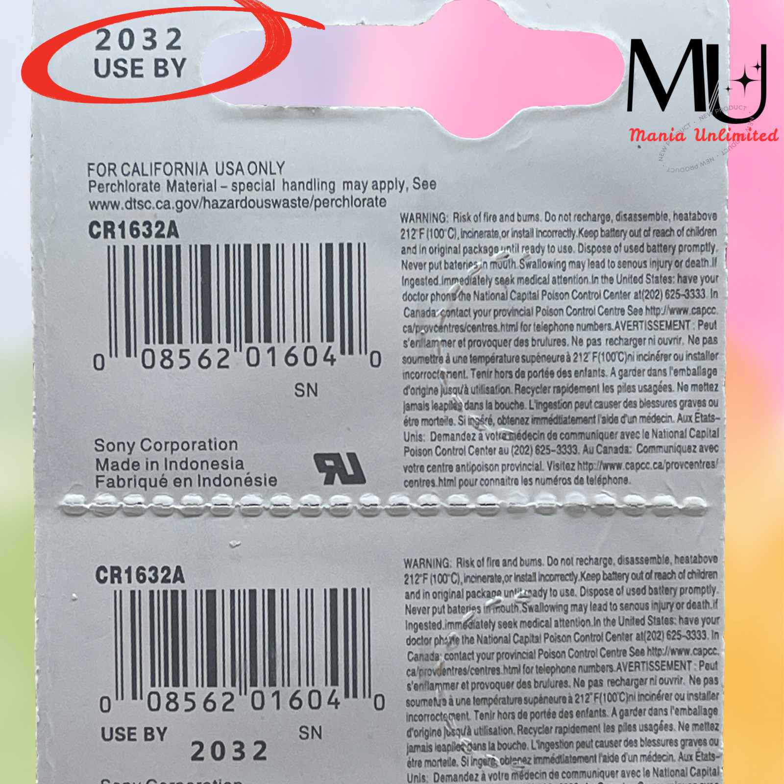 5 PACK SONY CR1632 3V LITHIUM Battery Expire Date 2032 /Watch /Car key Fobs