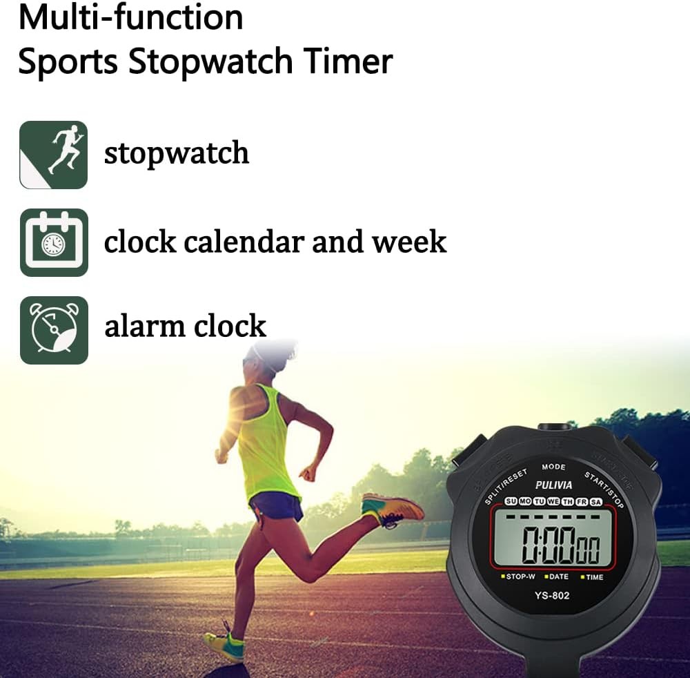 Stopwatch Timer Lap Split Digital with Clock Calendar Alarm, Black