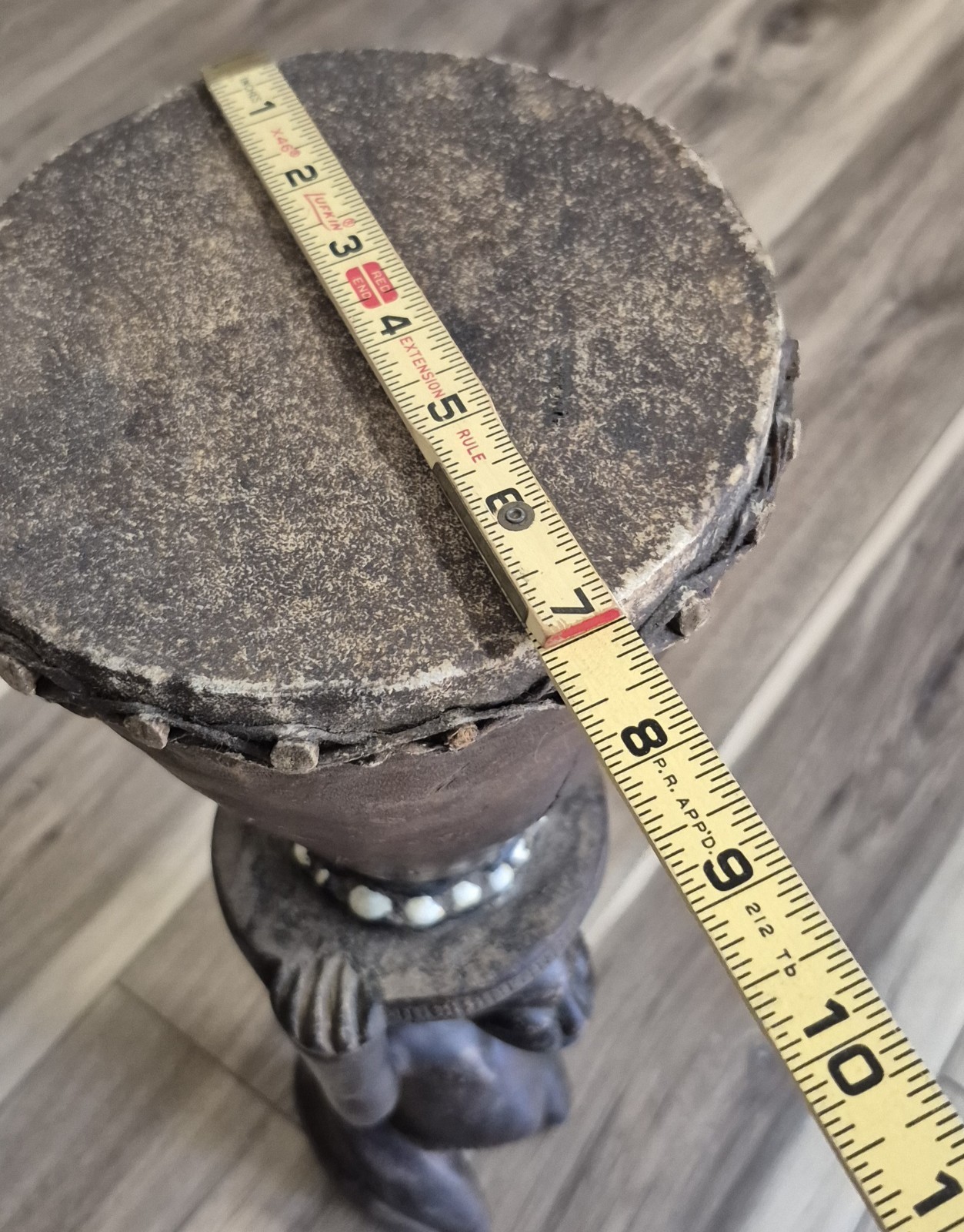 African Luba Female Wood Statue With Drum 21"H 7.5"W