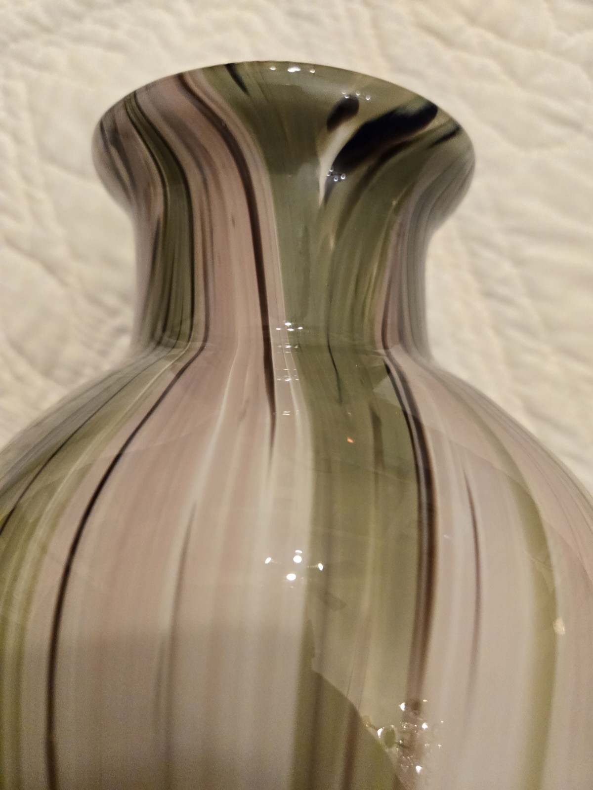 Vintage Heavy Murano Glass Vase Stripes Swirls 12" Hand Blown Green Purple 60s ?