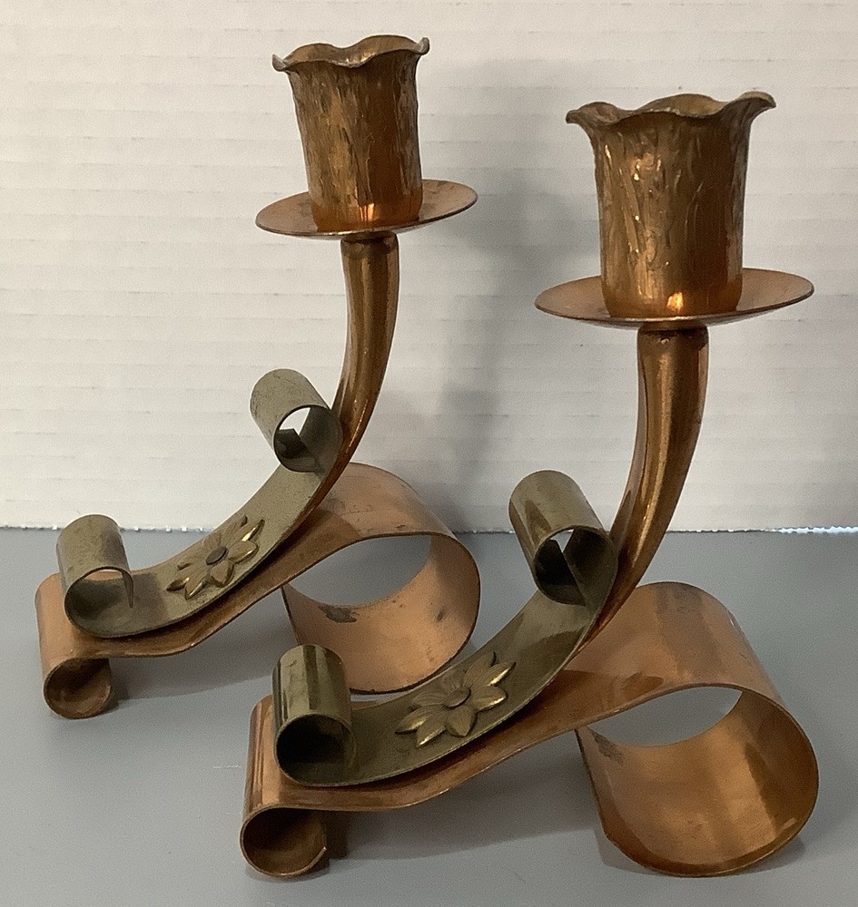 Copper Candlesticks Holders Solid With Brass Flowers Vintage