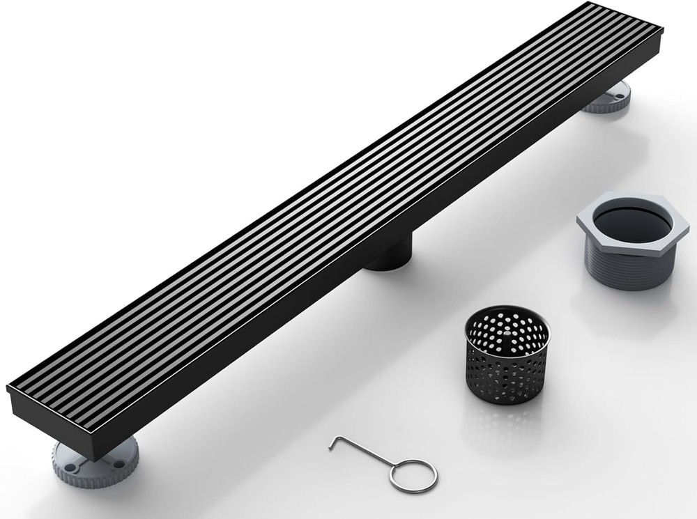 24 Inch Linear Shower Drain with Removable Wedge Wire Pattern Grate, Matte Black