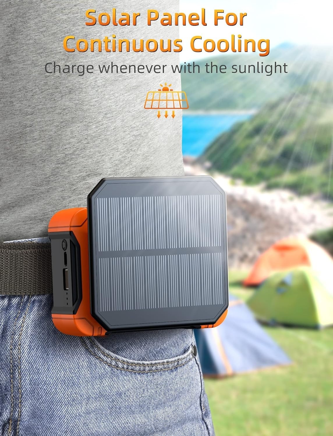 Koonie 10000mAh Waist Clip Fan with Solar Panel 30H Working Flashlight & Charger