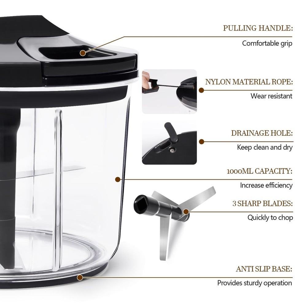 Manual Food Processor Large Vegetable Chopper, 1000ML Pull String Chopper Gar...