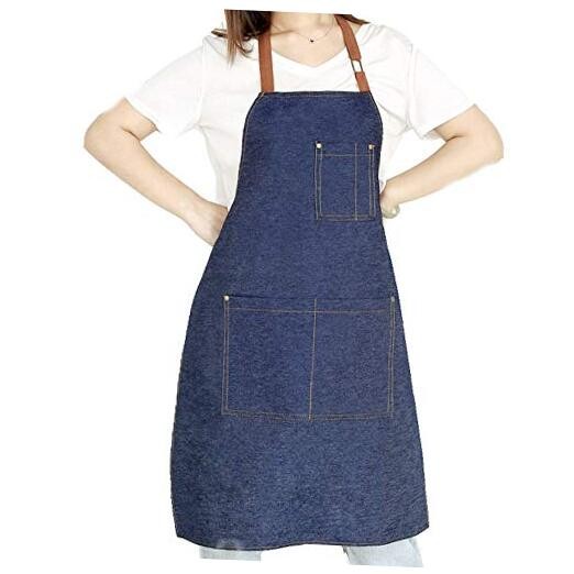 Denim Apron with Adjustable Unisex Multi-Pockets for Kitchen Crafting Dark Blue