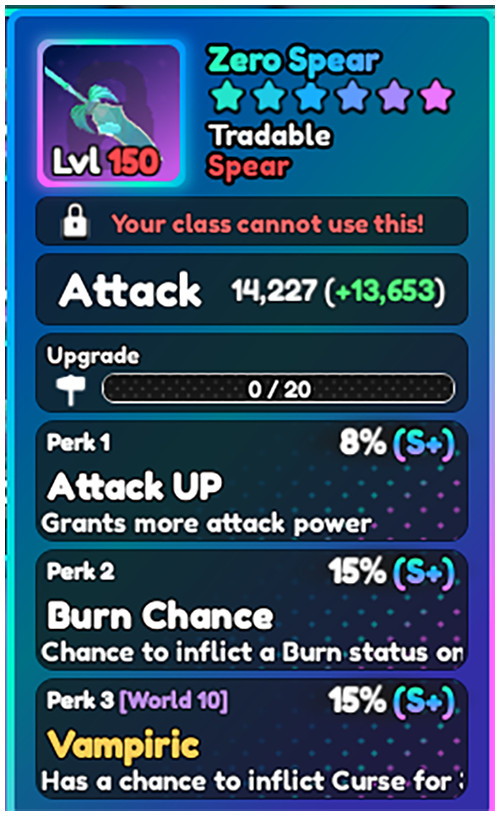 World Zero WZ - ZERO SPEAR - LVL 150 - S+ PERKS