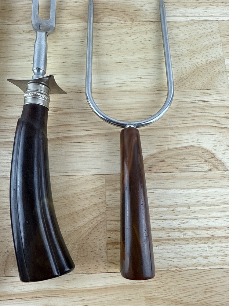 3 Vintage Bakelite Handle Carving Serving Knife & Lifting Forks Marbled Handles