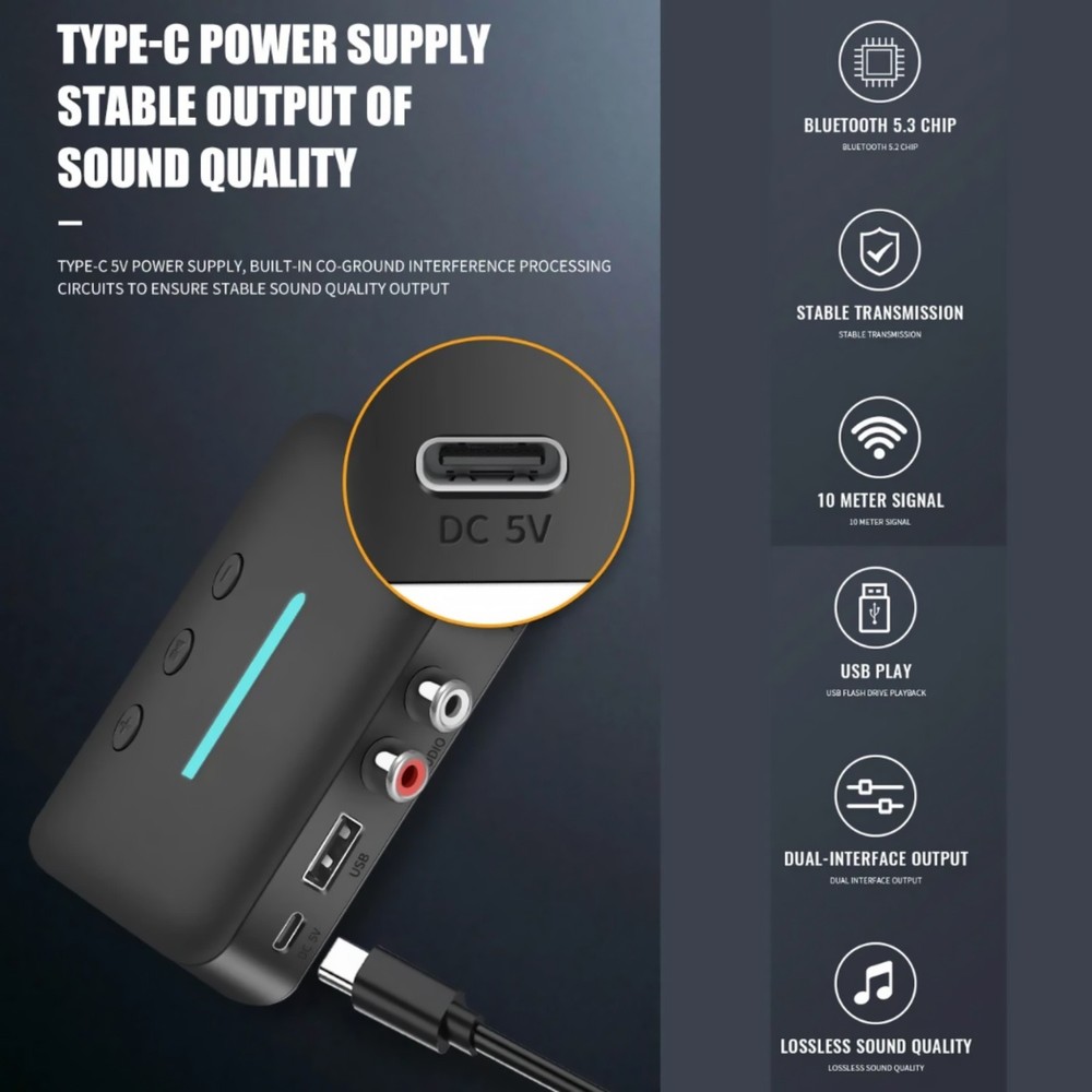 Bluetooth 5.3 Audio Receiver RCA AUX USB Wireless Adapter for Home Stereo System