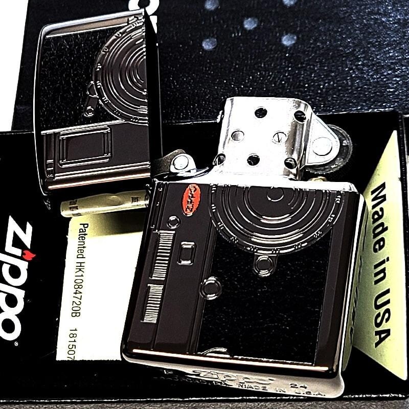 Zippo Camera Black Nickel Etching Engraving Black leather-effect print