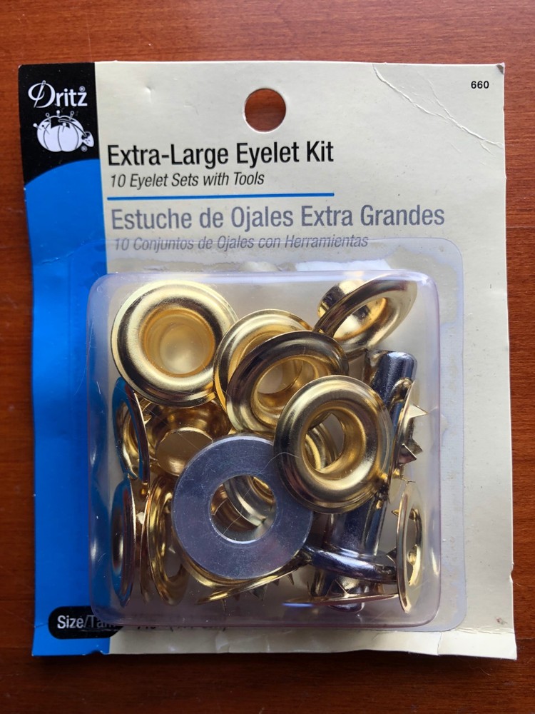 New Dritz 10 Extra Large Eyelets Brass 7/16" Kit With Tools No Sew