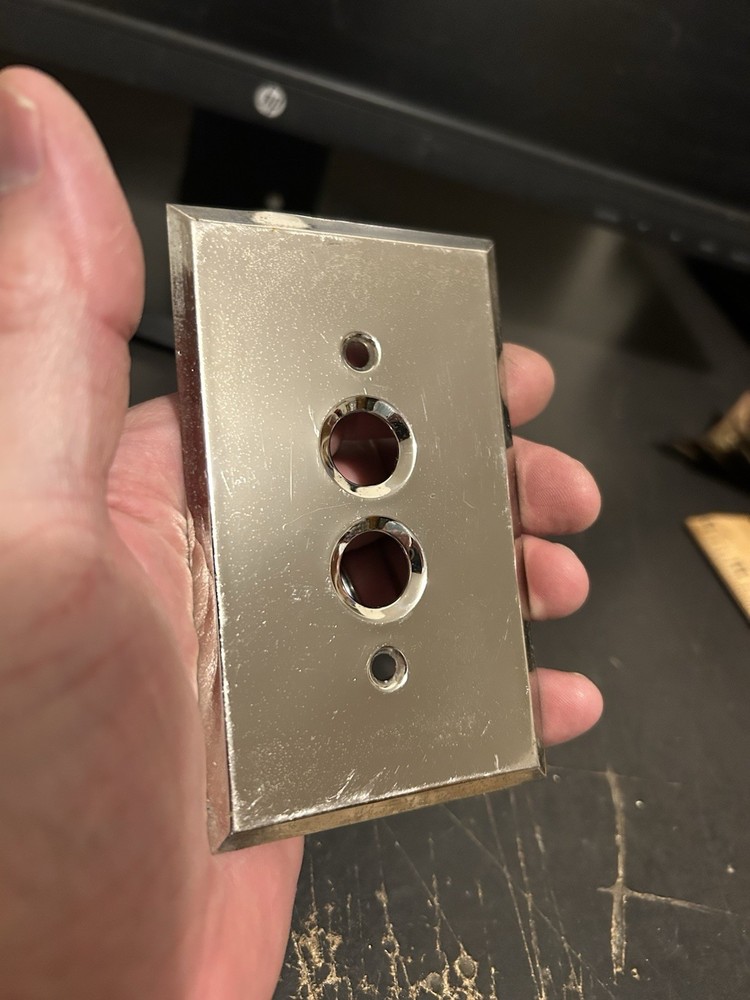 VINTAGE CHROME NICKLE PLATED BRASS SINGLE PUSH BUTTON LIGHT SWITCH COVER PLATE