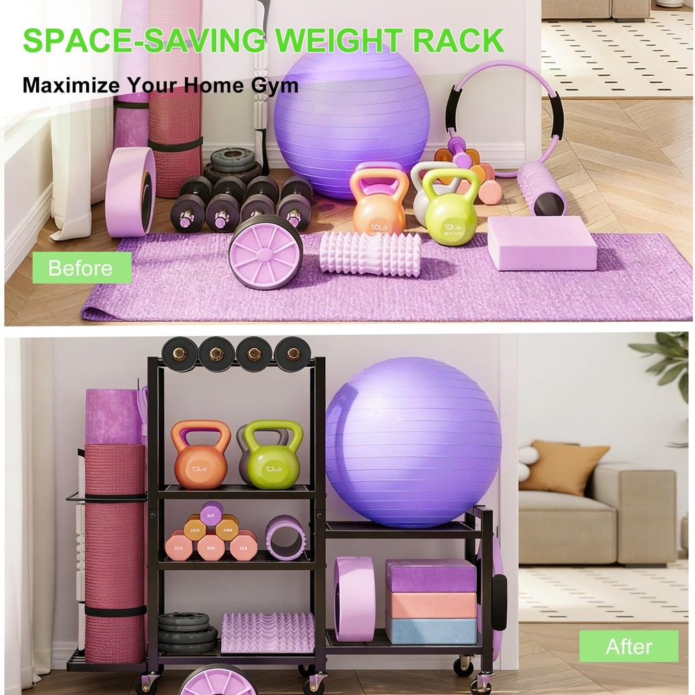 6-Tier Multi-Functional Home Gym Storage Rack with Wheels and Hooks, Adjustable