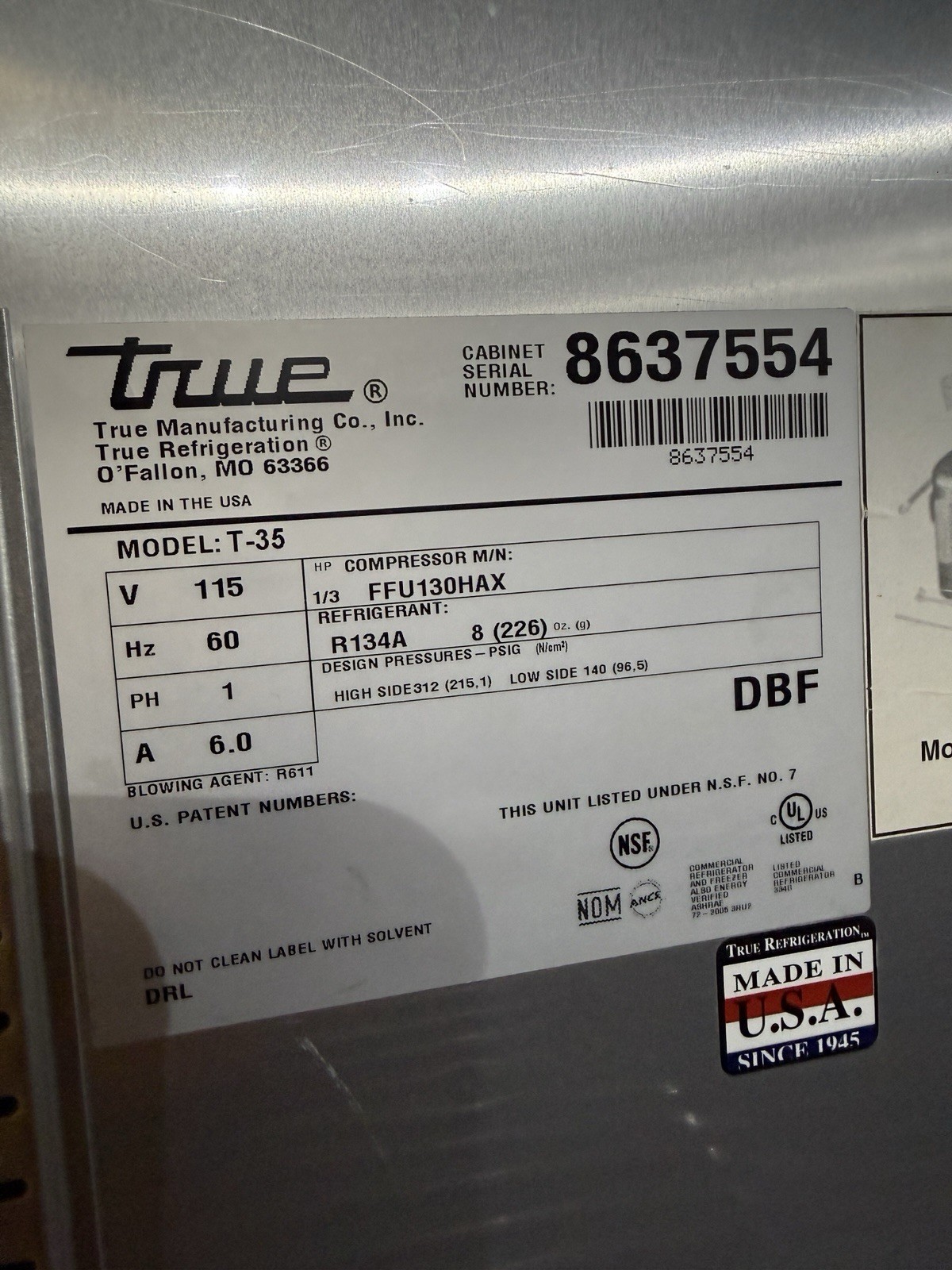 True (T-35) Two Section Stainless Steel Reach In Refrigerator