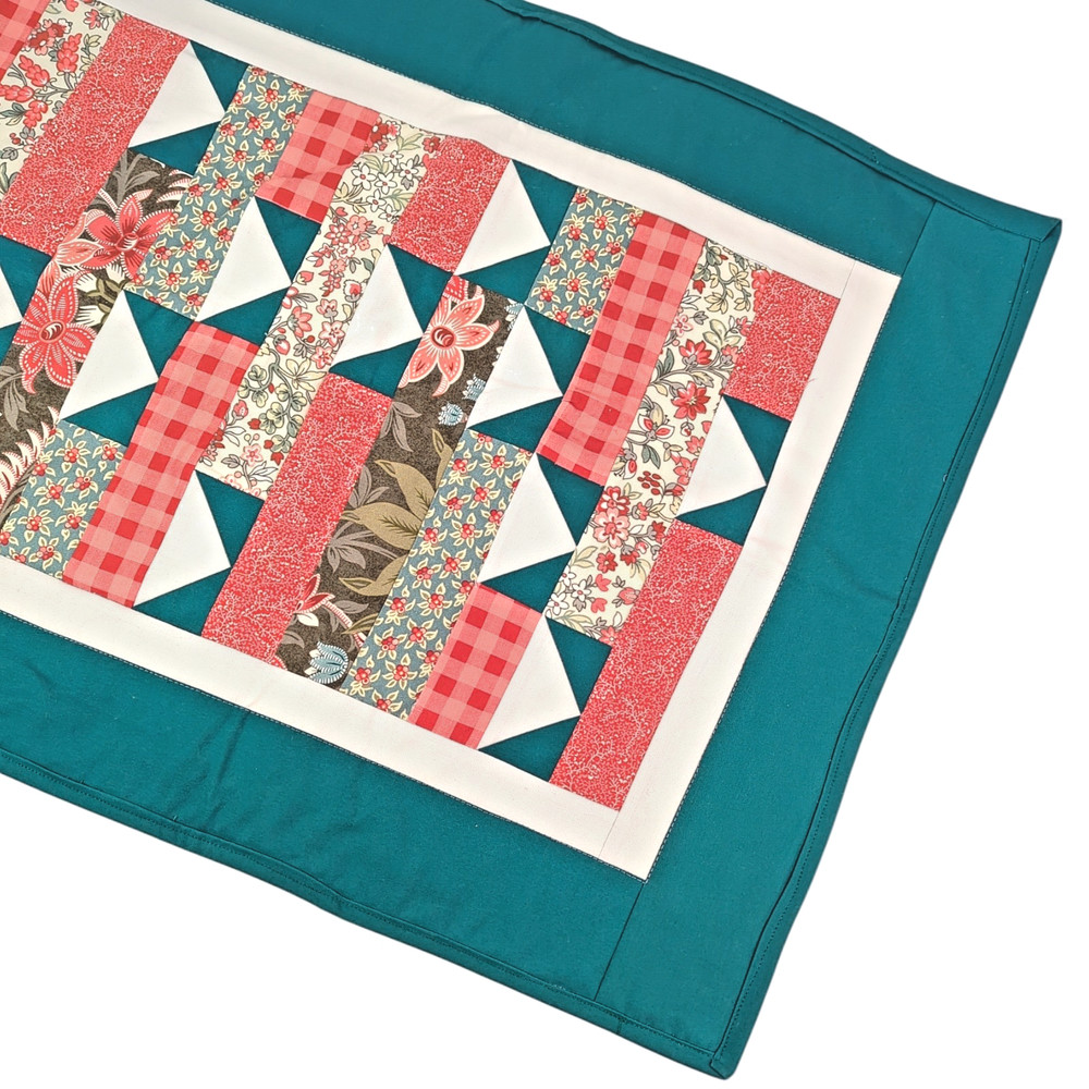 Handmade Patchwork Quilt Table Runner | Teal & Raspberry Pink Floral 44" x 19"